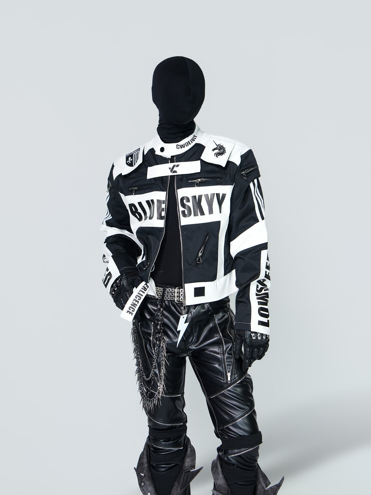 STAND COLLAR SPLICED RACING SUIT SHORT BIKER PU LEATHER JACKET