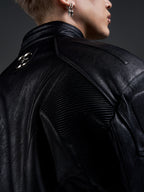 HEAVYWEIGHT ZIPPER OVERSIZED PADDED‑SHOULDER MOTOR LEATHER JACKET