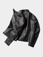 HEAVY‑DUTY DIAGONAL PLACKET DARK HIGH‑COLLAR LEATHER JACKET