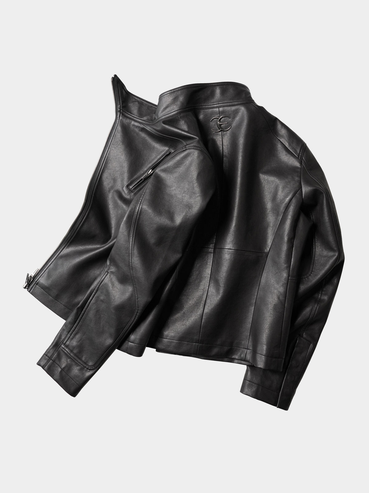 HEAVY‑DUTY DIAGONAL PLACKET DARK HIGH‑COLLAR LEATHER JACKET