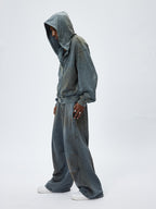 WASHED VINTAGE MUD‑DYED CROPPED OVERSIZED HOODIE