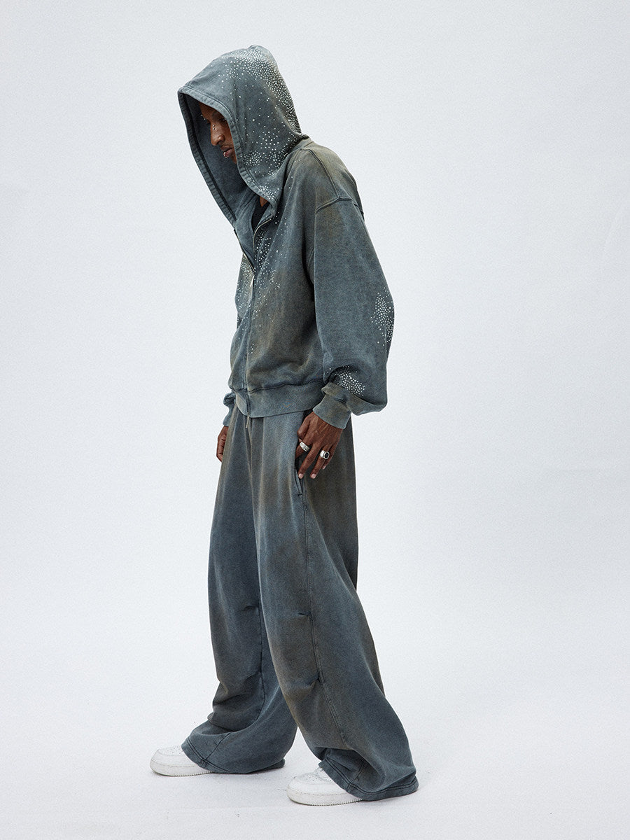 WASHED VINTAGE MUD‑DYED CROPPED OVERSIZED HOODIE