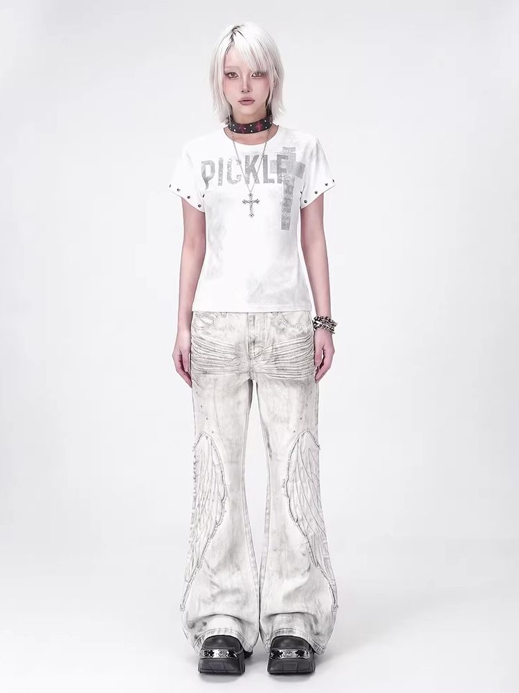 ANGEL DISTRESSED WING PATCH EMBROIDERY FLARE VERSATILE CASUAL JEANS