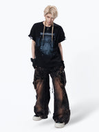 WASTERED MULTI‑POCKET RIVET DETAIL WIDE‑LEG CARGO PANTS