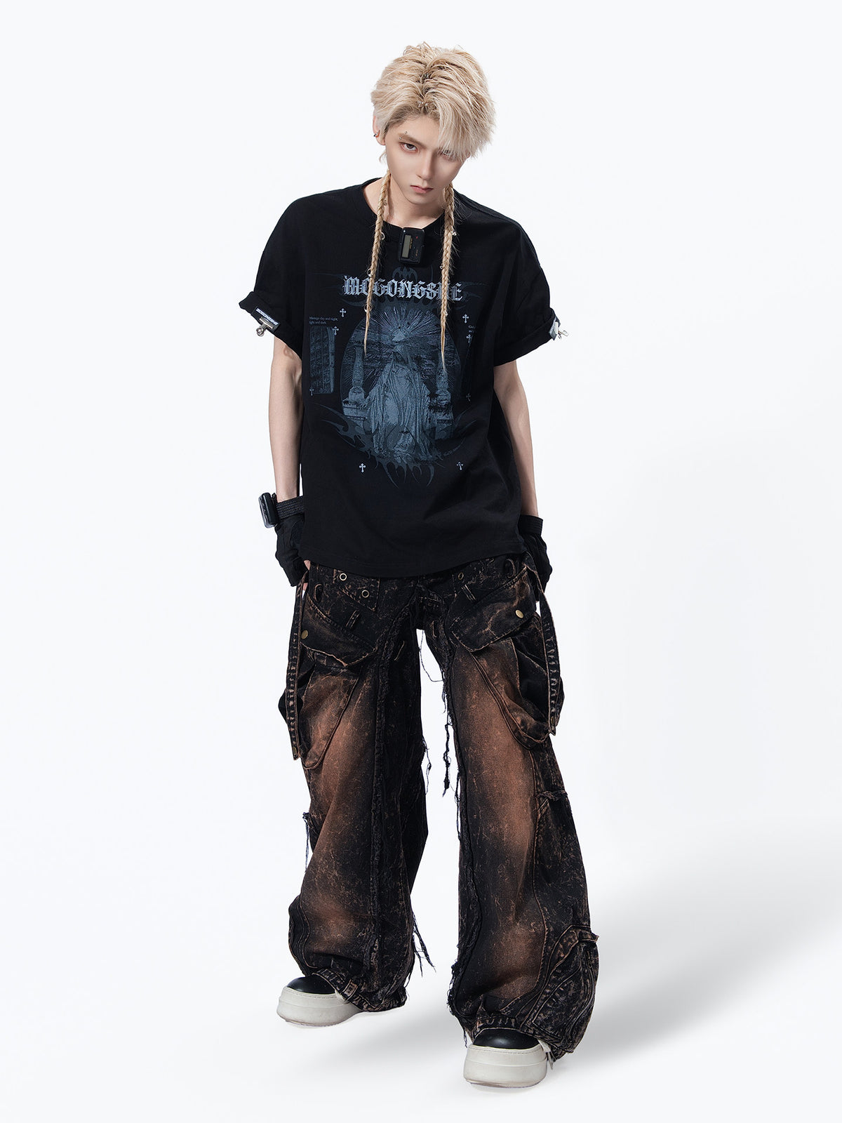 WASTERED MULTI‑POCKET RIVET DETAIL WIDE‑LEG CARGO PANTS