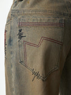 VINTAGE YELLOW MUD DYED DESTROYED MENDED EMBROIDERED STRAIGHT LEG JEANS
