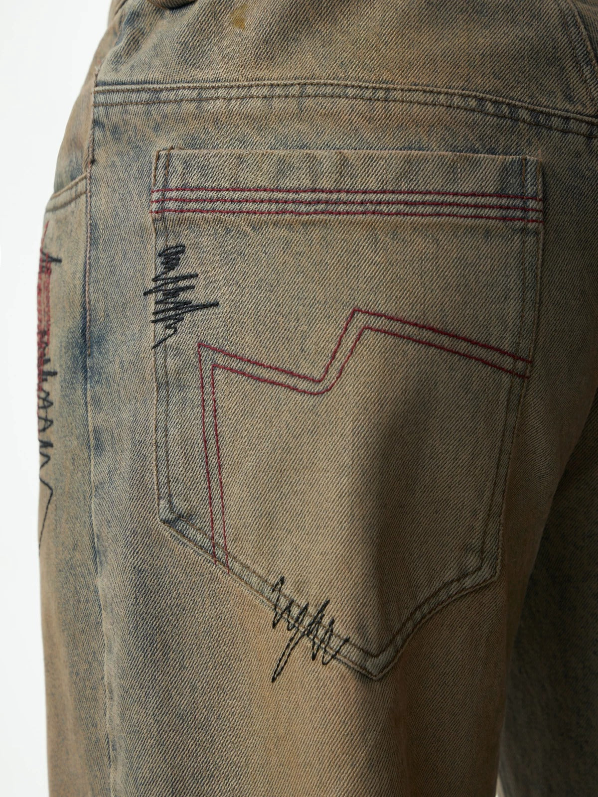 VINTAGE YELLOW MUD DYED DESTROYED MENDED EMBROIDERED STRAIGHT LEG JEANS