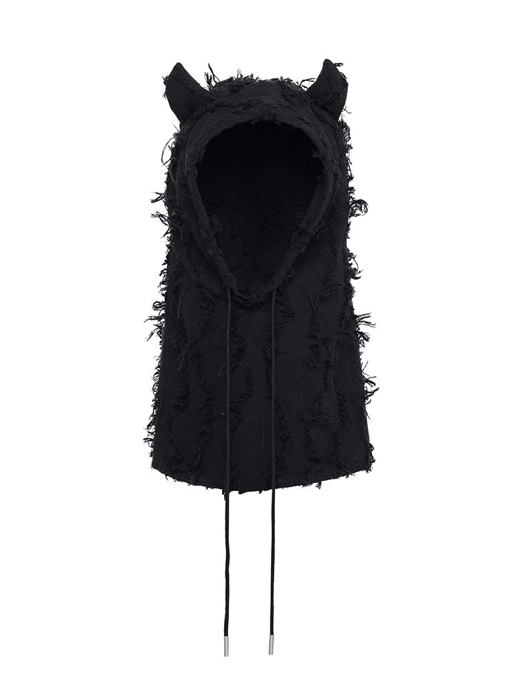 DISTRESSED WASH DEVIL HORN EAR FAUX YARN BEANIE UNISEX