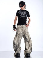 WASTELAND-STYLE SPIDER WEB PRINT DISTRESSED WIDE-LEG JEANS