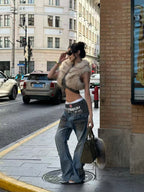 DOUBLE WAIST EMBROIDERY SLIM WASHED BLUE JEANS