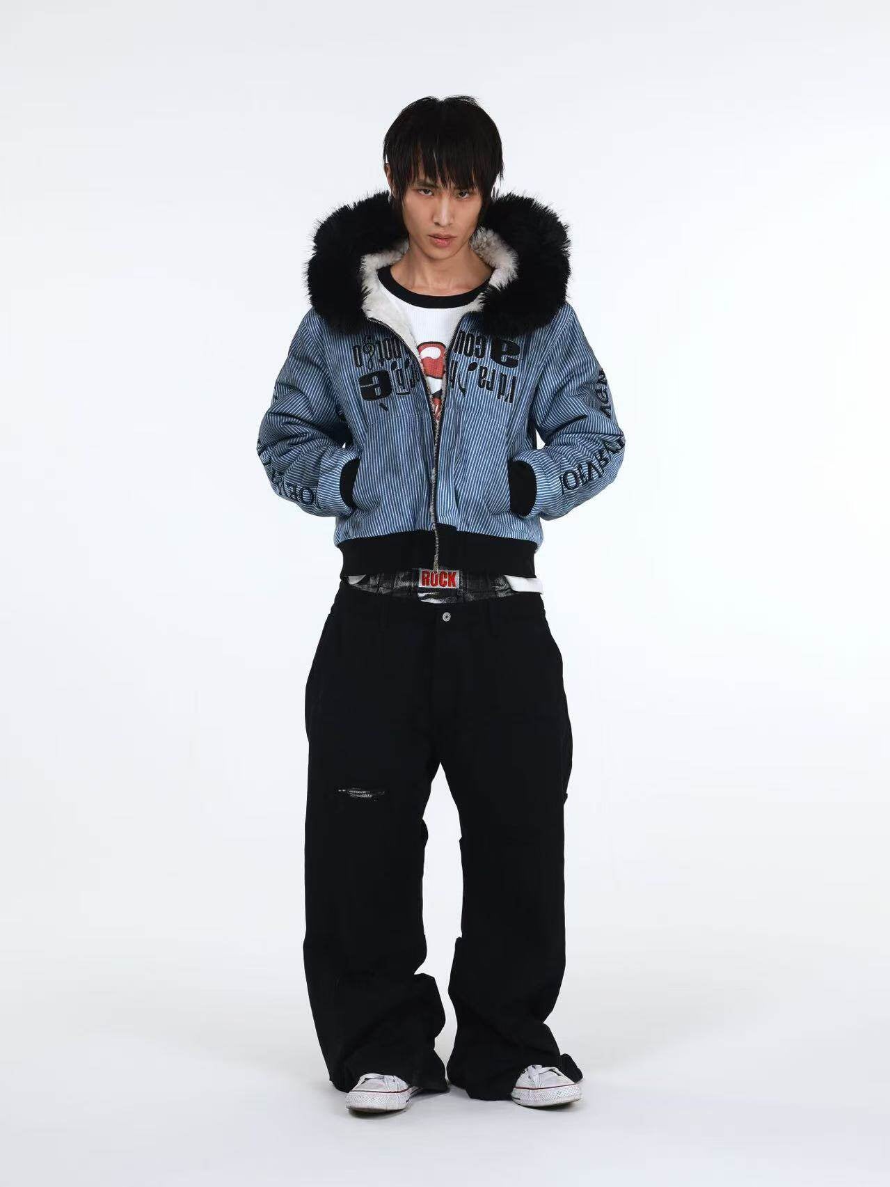 ROCK TIGER DOUBLE WAIST RIVET CURVED CUT JEANS