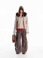 VINTAGE IRREGULAR MOTTLED TEXTURE EMBROIDERED MULTI-POCKET PANTS
