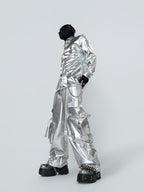 PUNK SILVER CARGO SHINY COATED WIDE STRAIGHT LEG PANTS