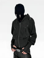WASHED FAUX LEATHER ARMOR‑SHOULDER MULTI‑POCKET HOODIE