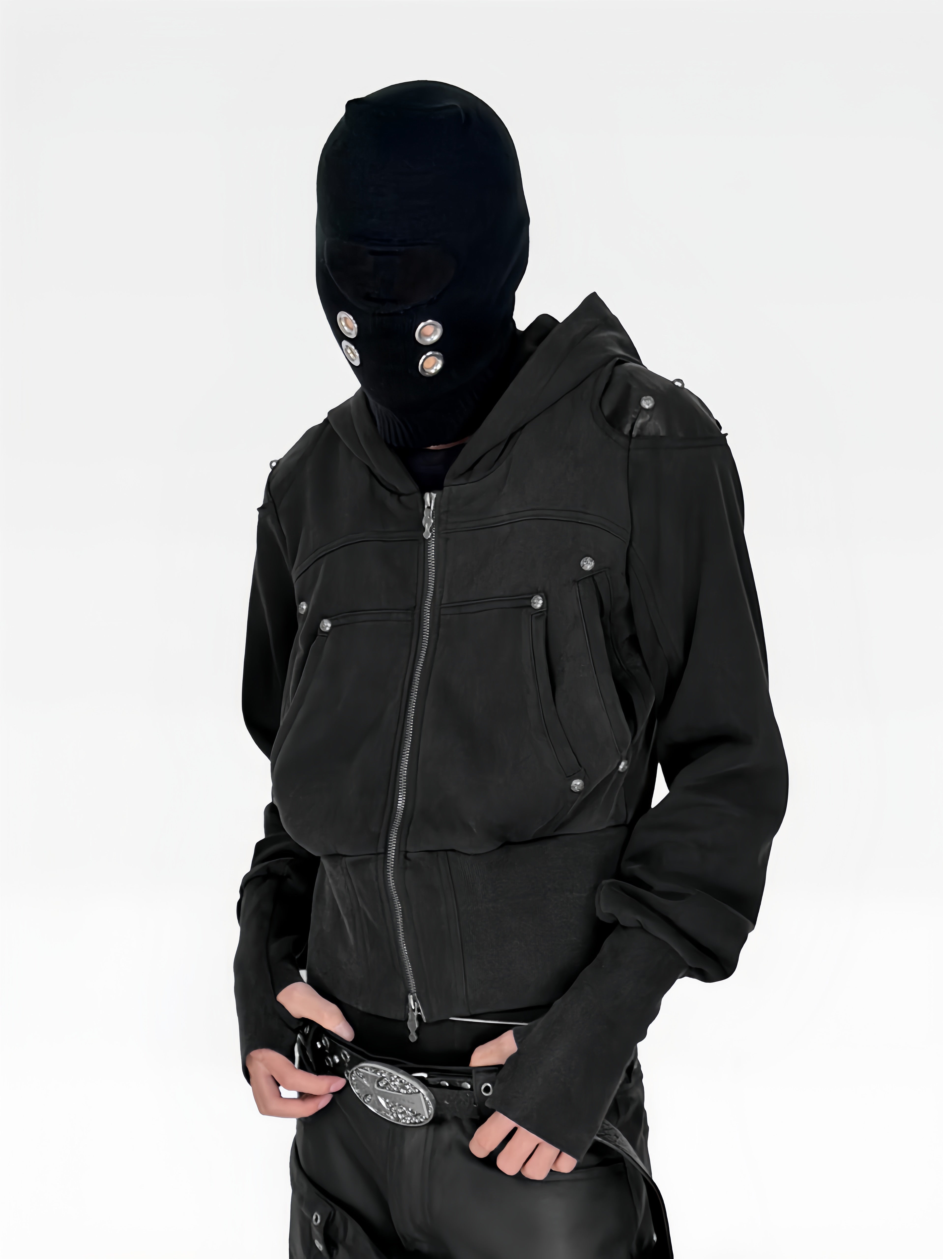 WASHED FAUX LEATHER ARMOR‑SHOULDER MULTI‑POCKET HOODIE
