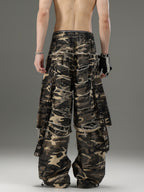 CAMOUFLAGE WIDE-LEG FAUX LAYERED DISTRESSED CARGO PANTS