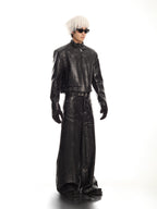 MEN'S BIKER STYLE GRADIENT CROPPED PUNK LEATHER JACKET SET