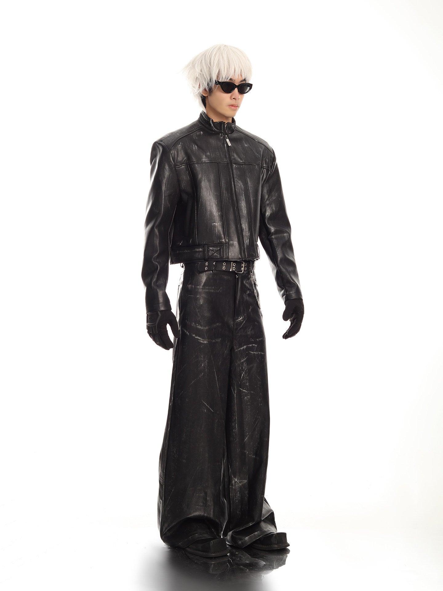 MEN'S BIKER STYLE GRADIENT CROPPED PUNK LEATHER JACKET SET