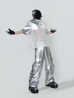 PUNK SILVER CARGO SHINY COATED WIDE STRAIGHT LEG PANTS