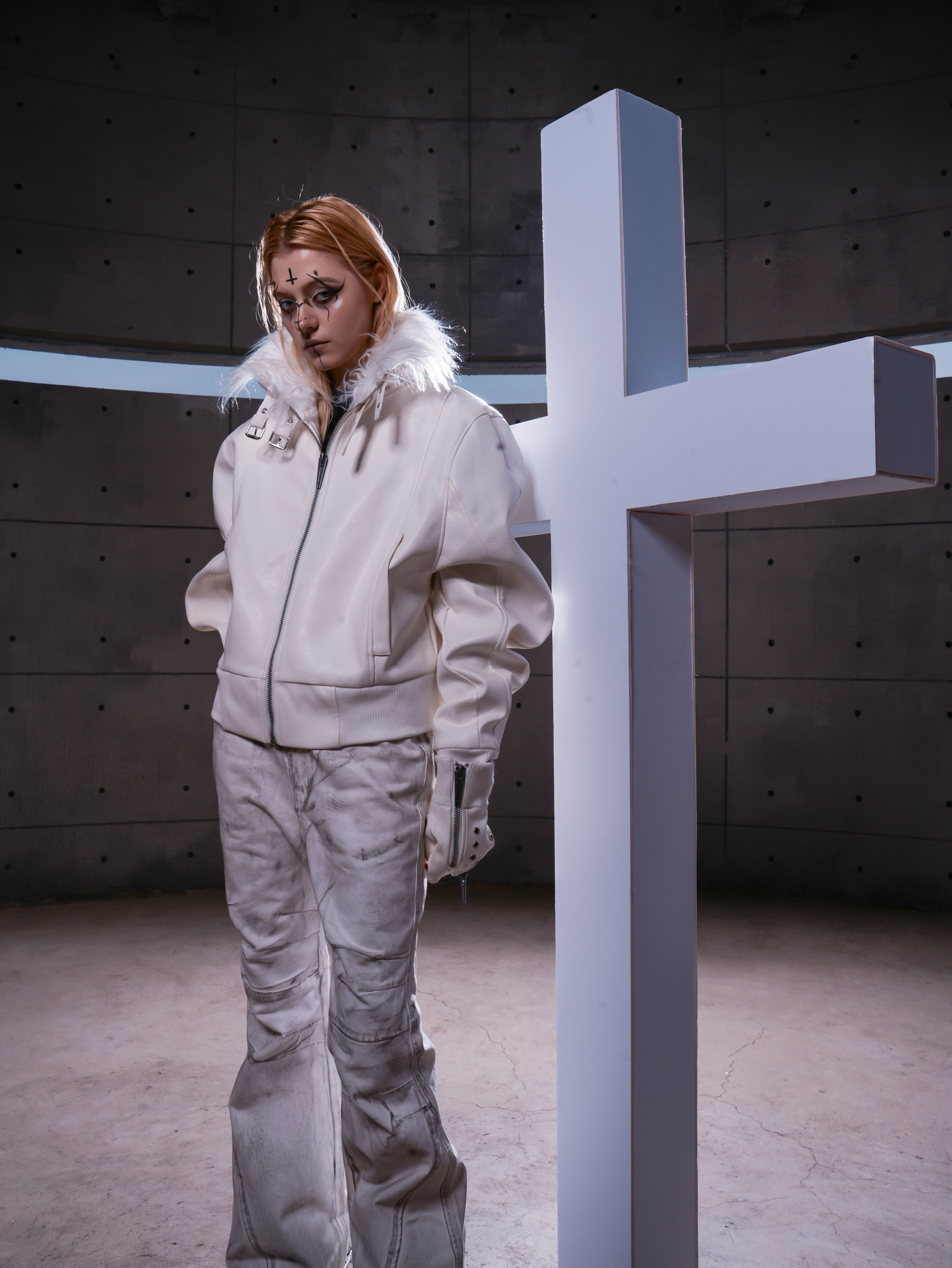 WHITE DEVIL FAUX FUR COLLAR LEATHER JACKET