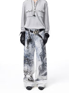 VINTAGE BLIZZARD PRINT BRUSHED TWILL WHITE STRAIGHT LEG DENIM PANTS