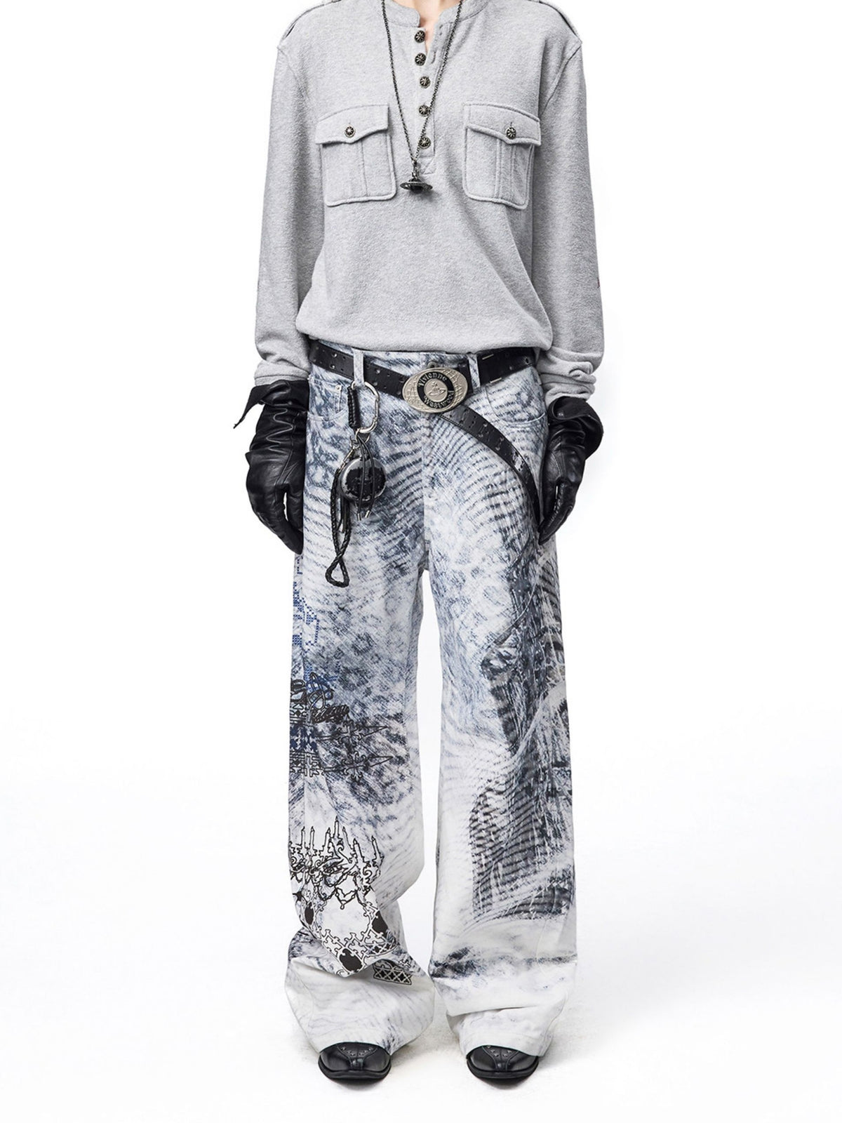 VINTAGE BLIZZARD PRINT BRUSHED TWILL WHITE STRAIGHT LEG DENIM PANTS