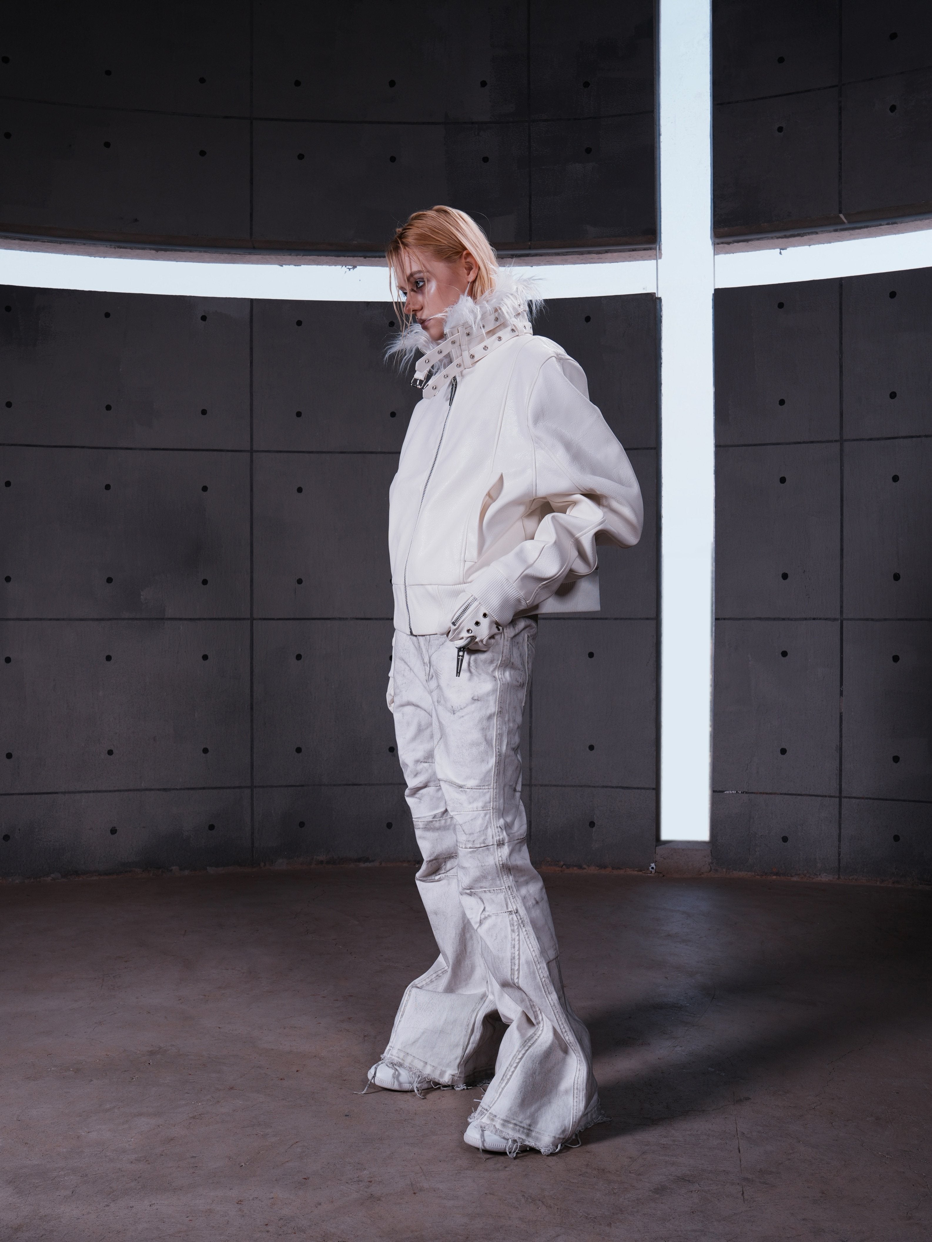 WHITE DEVIL FAUX FUR COLLAR LEATHER JACKET