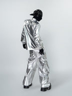 PUNK SILVER CARGO SHINY COATED WIDE STRAIGHT LEG PANTS