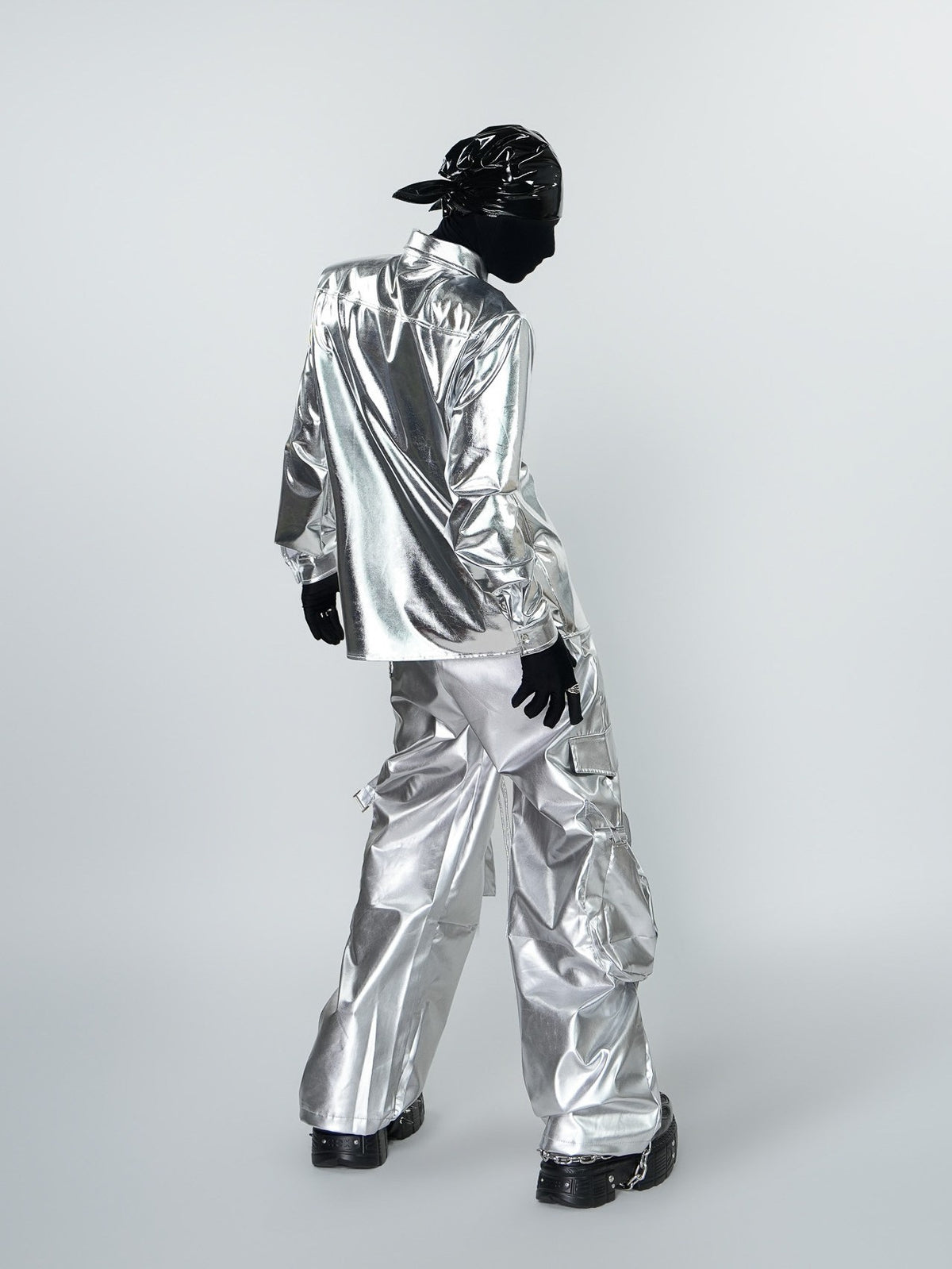 PUNK SILVER CARGO SHINY COATED WIDE STRAIGHT LEG PANTS