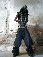 HEAVY-DUTY RIVET PLAID DIRTY WASHED SLEEVELESS HOODED VEST