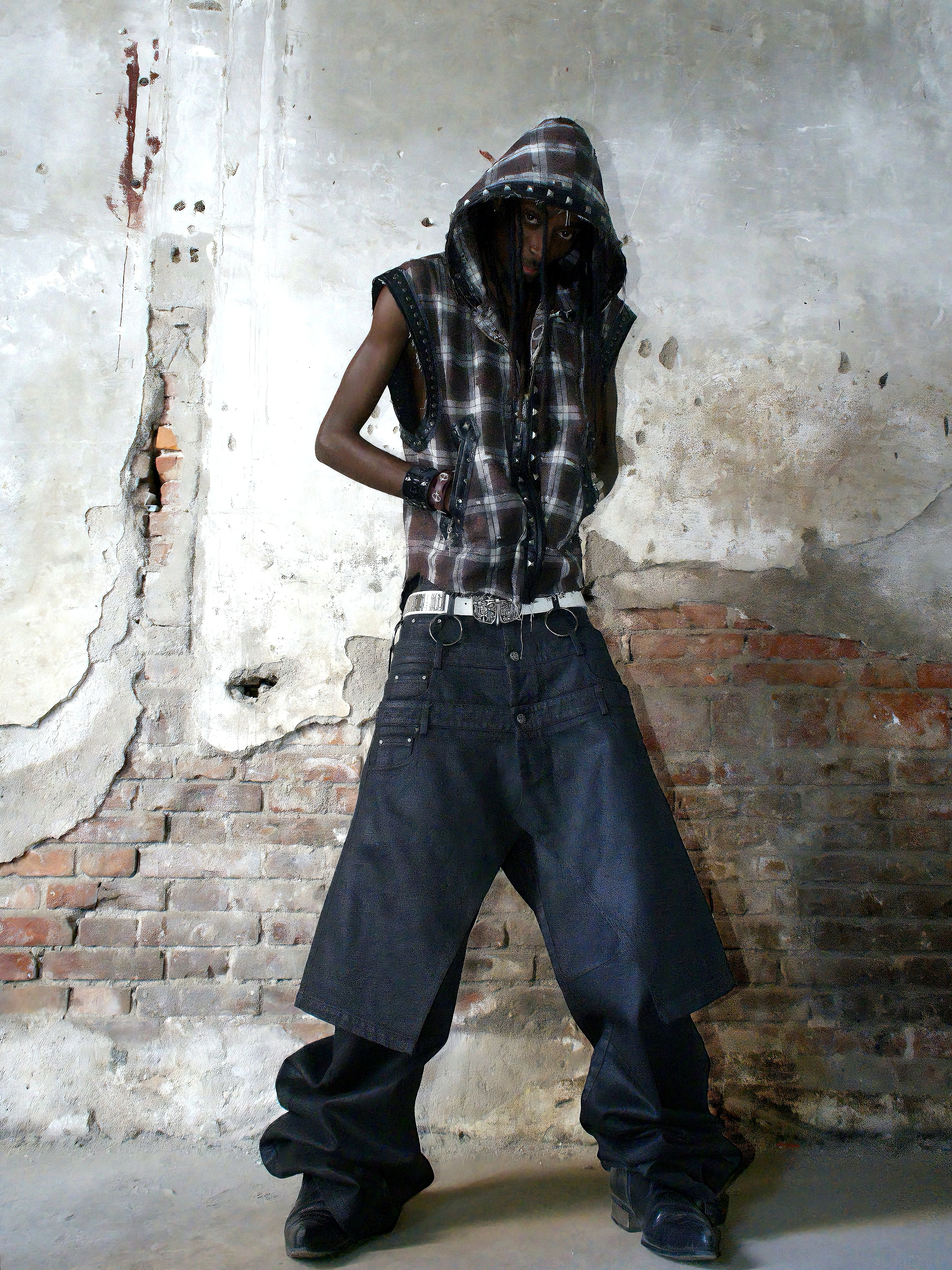 HEAVY-DUTY RIVET PLAID DIRTY WASHED SLEEVELESS HOODED VEST