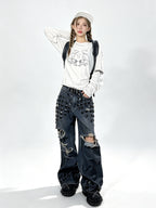 VINTAGE EMBROIDERED ADJUSTABLE WAIST CARGO PANTS