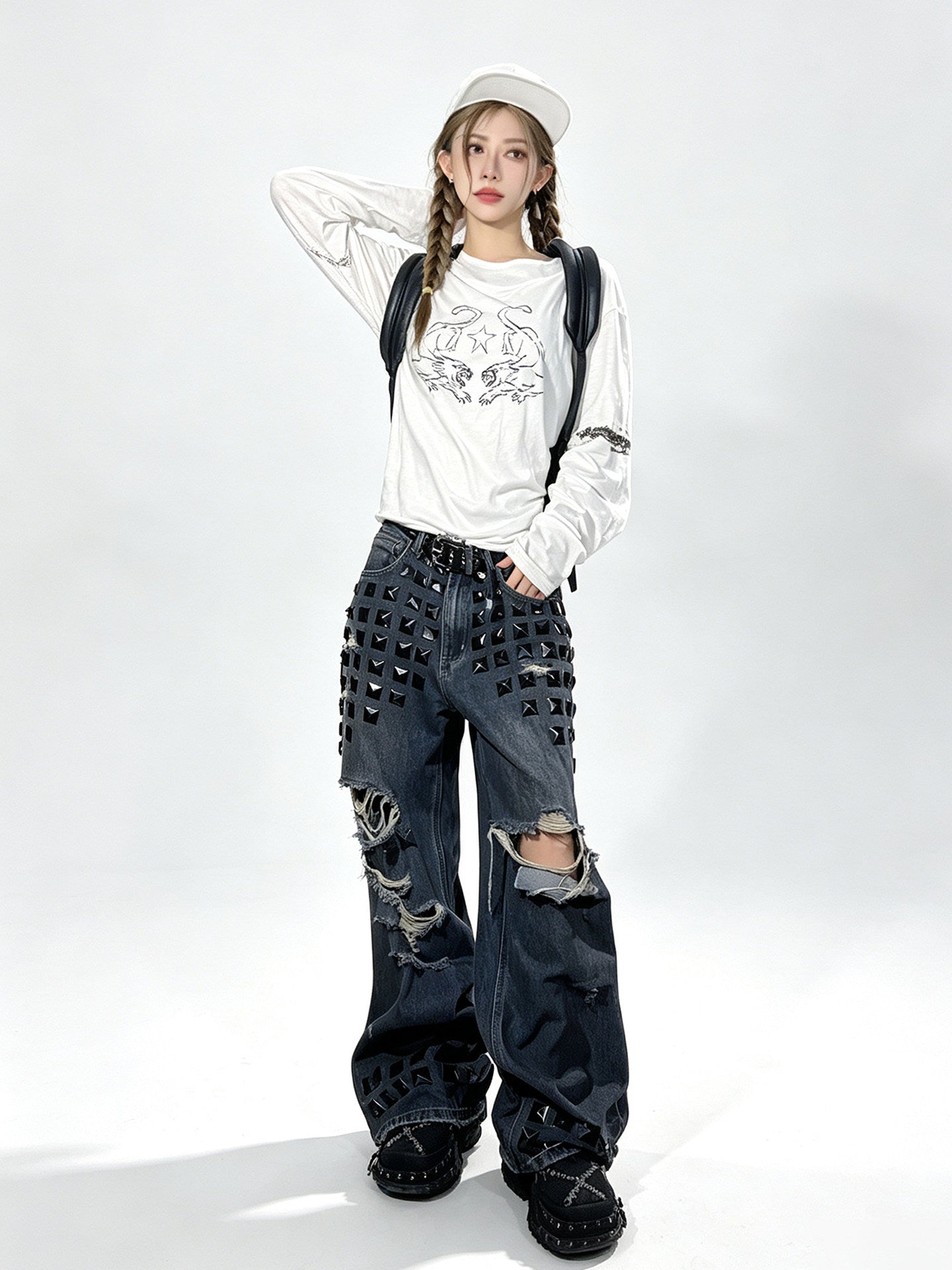 VINTAGE EMBROIDERED ADJUSTABLE WAIST CARGO PANTS
