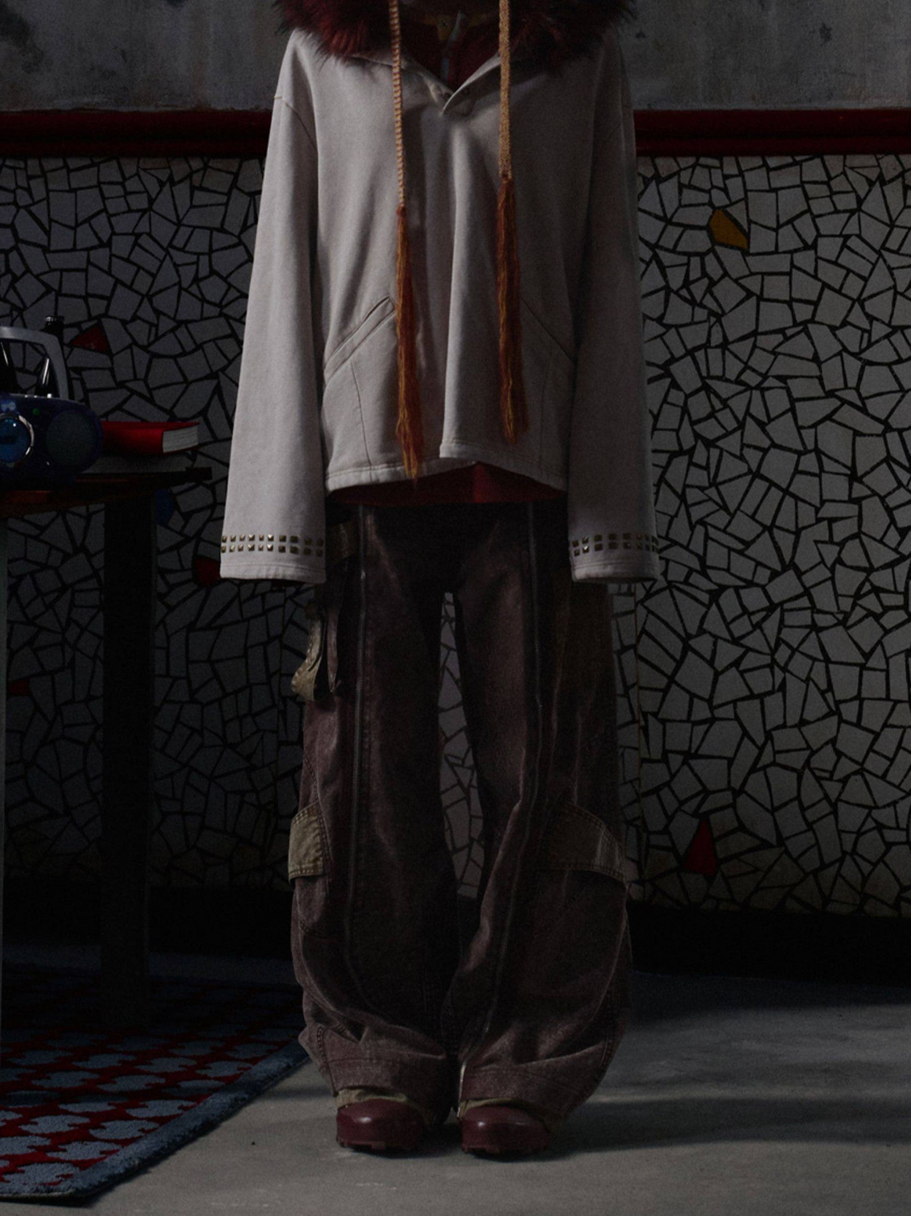 VINTAGE IRREGULAR MOTTLED TEXTURE EMBROIDERED MULTI-POCKET PANTS Secondary image
