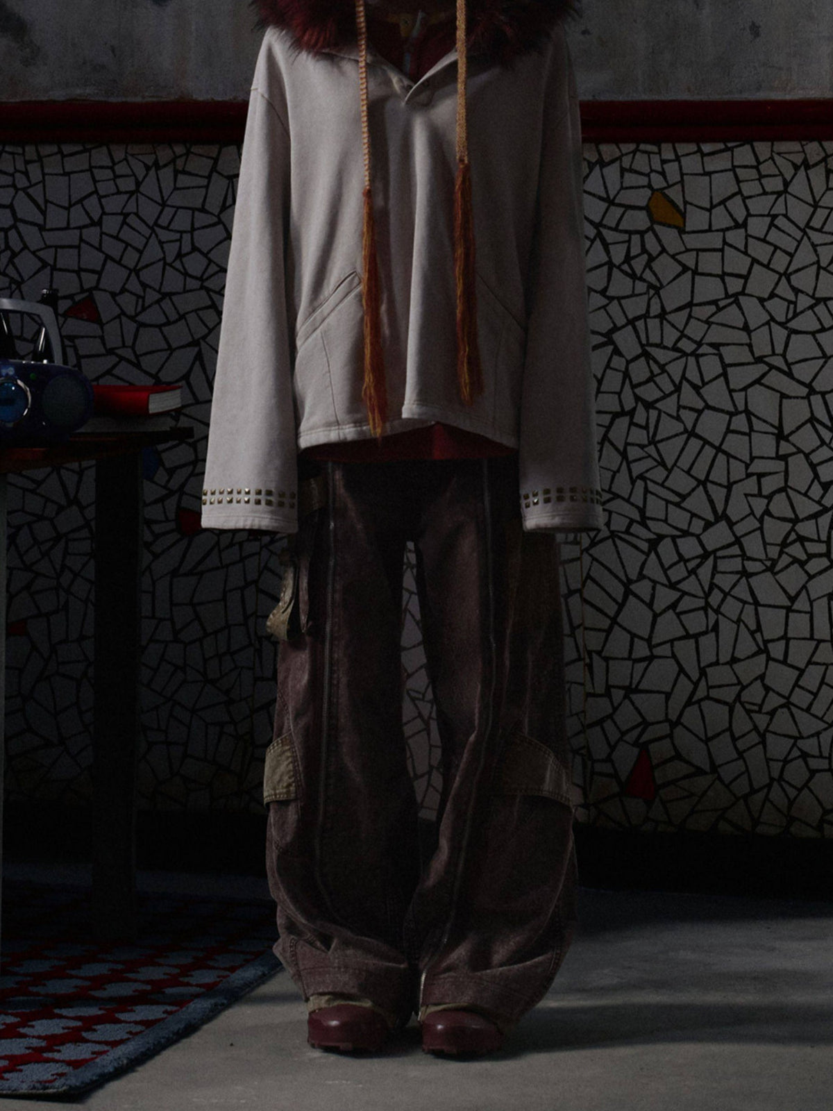 VINTAGE IRREGULAR MOTTLED TEXTURE EMBROIDERED MULTI-POCKET PANTS