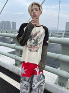 EAGLE & FLAG PATCHWORK CAMO DISTRESSED WASHED LONG-SLEEVE TOP