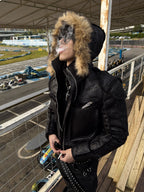 MULTI-ZIPPER REMOVABLE FUR COLLAR CRACKED LEATHER JACKET