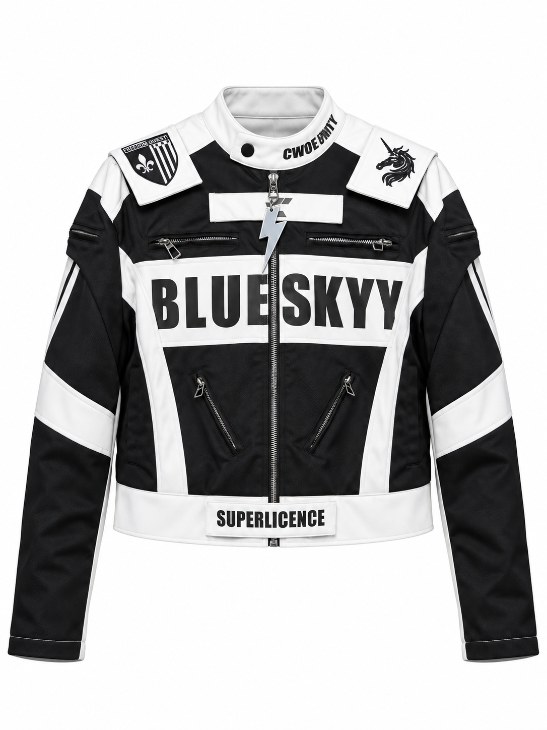 STAND COLLAR SPLICED RACING SUIT SHORT BIKER PU LEATHER JACKET Main image