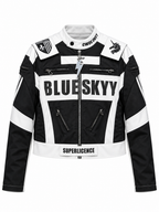 STAND COLLAR SPLICED RACING SUIT SHORT BIKER PU LEATHER JACKET