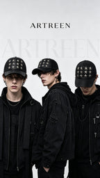 STAR RIVET LITCHI LEATHER CURVED BRIM TRUCKER HAT