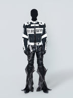 STAND COLLAR SPLICED RACING SUIT SHORT BIKER PU LEATHER JACKET
