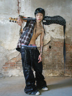 HEAVY-DUTY RIVET PLAID DIRTY WASHED SLEEVELESS HOODED VEST