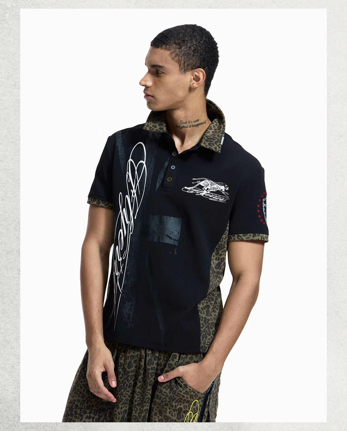 PRINTED AND LEOPARD-PRINT PANEL POLO SHIRT