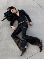 BLACK LIQUID METAL COATED ZIPPER WAXED FLARED PANTS