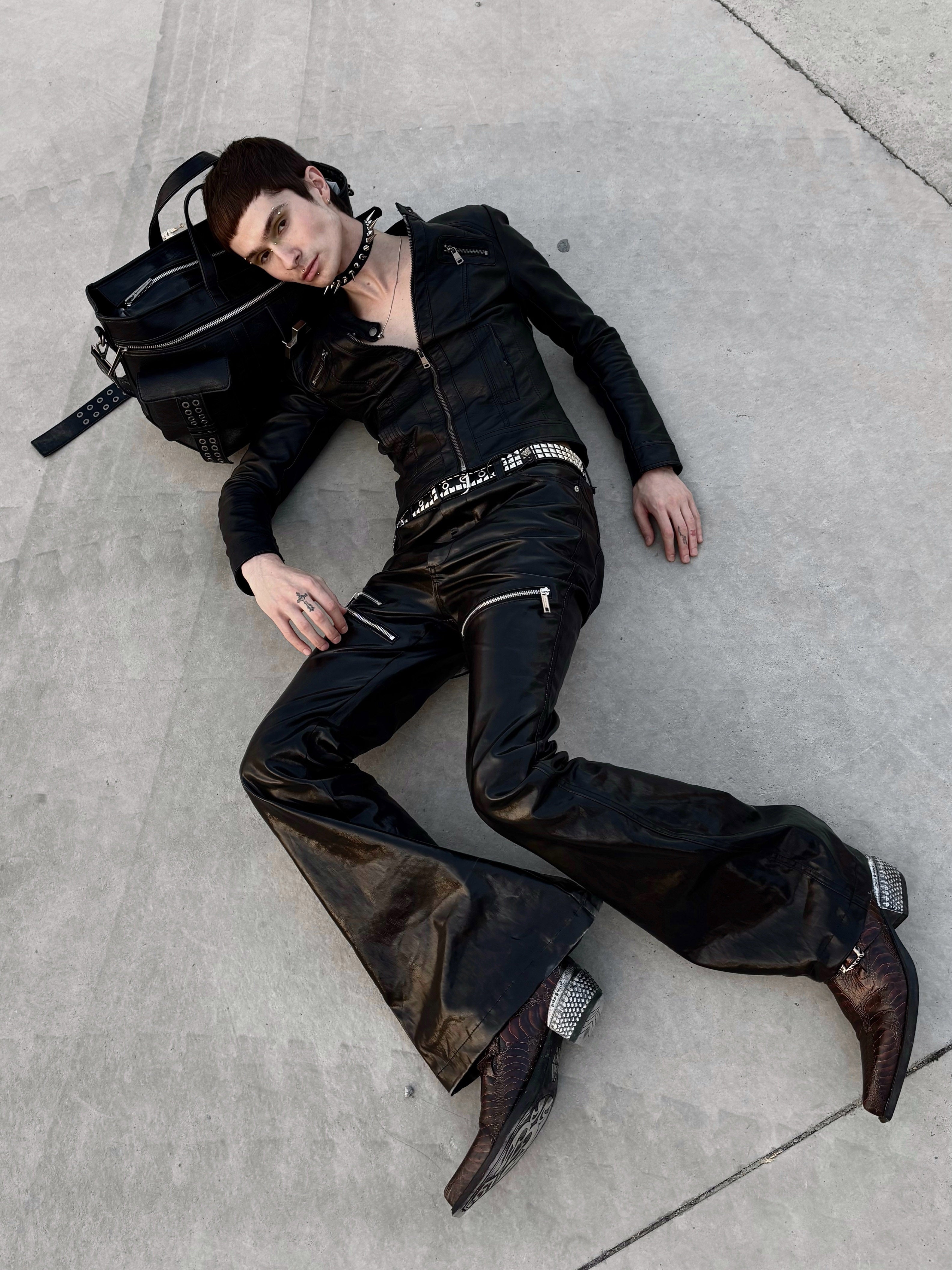 BLACK LIQUID METAL COATED ZIPPER WAXED FLARED PANTS