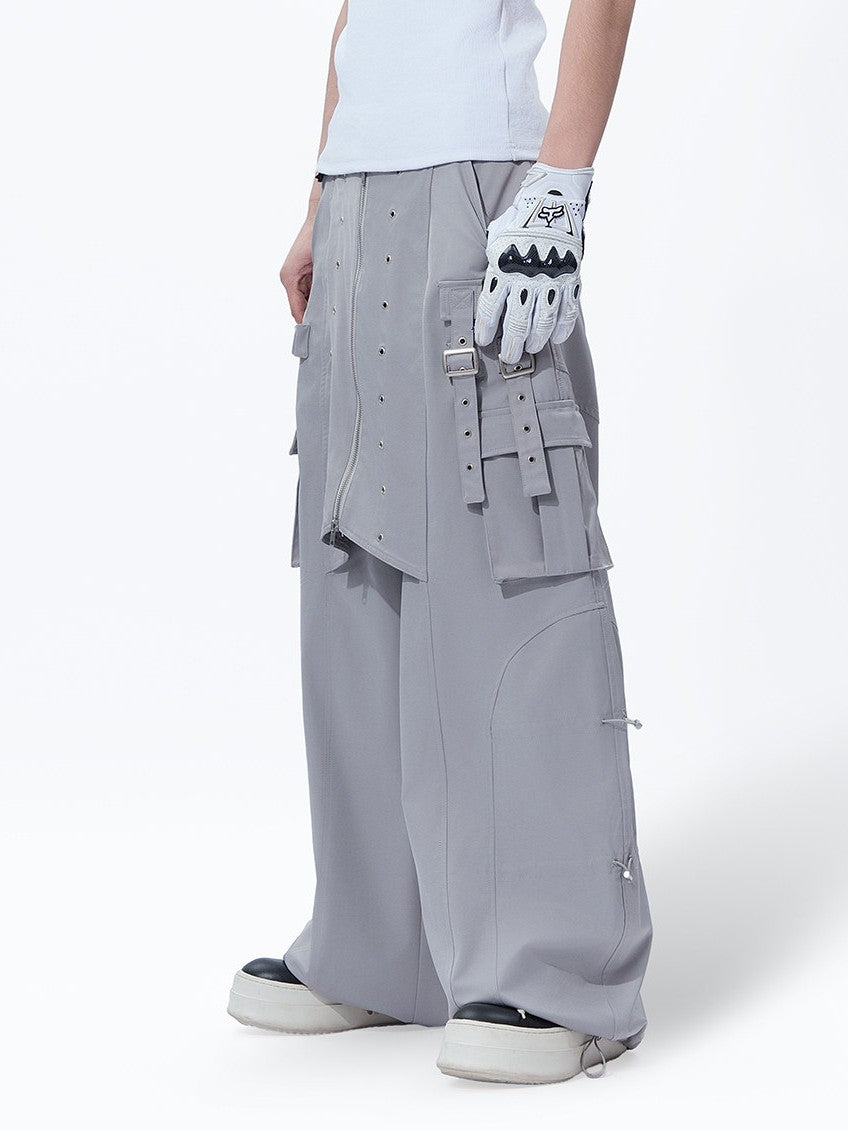 VINTAGE HEAVY‑DUTY ZIP WIDE‑LEG CASUAL CARGO PANTS