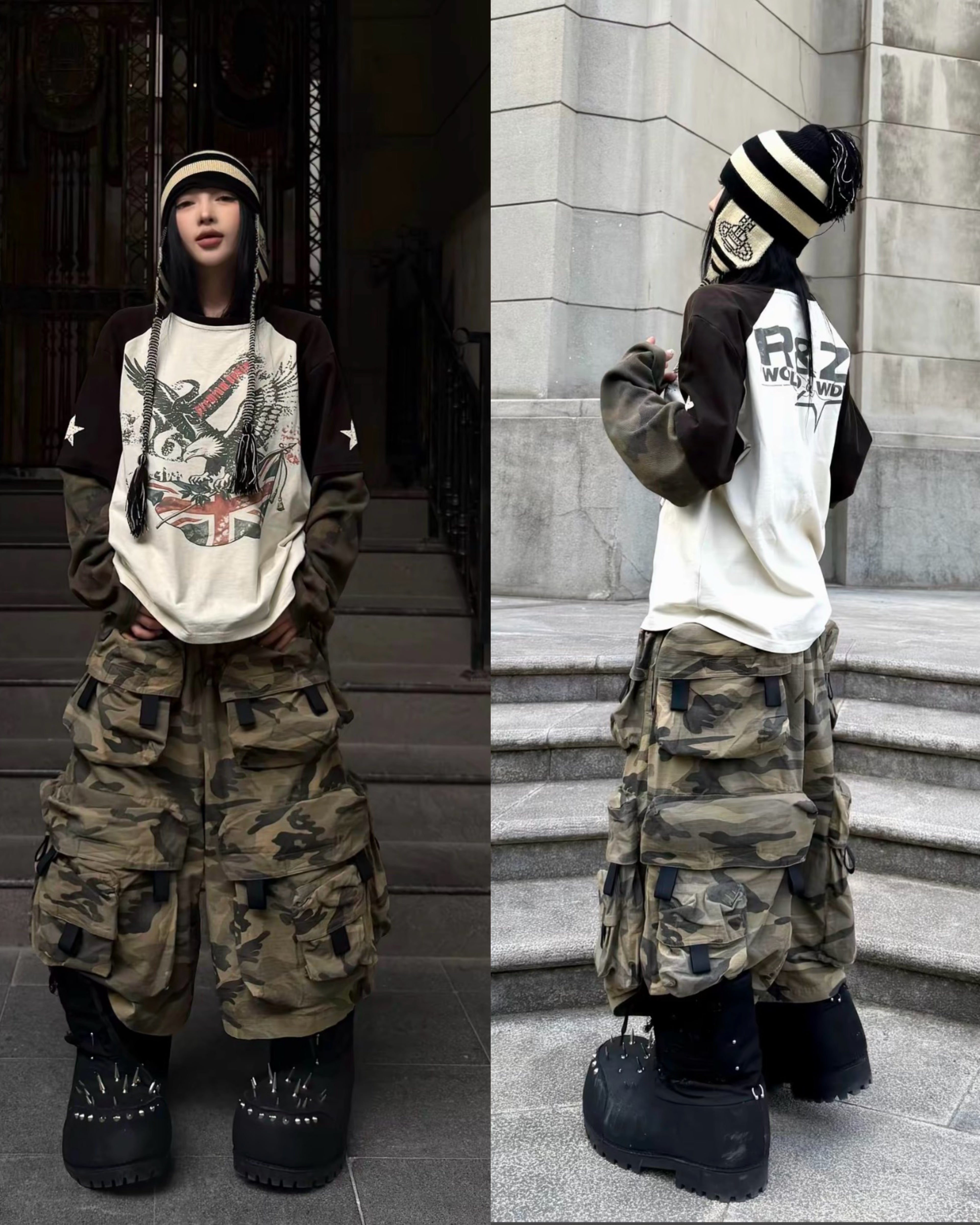 EAGLE & FLAG PATCHWORK CAMO DISTRESSED WASHED LONG-SLEEVE TOP