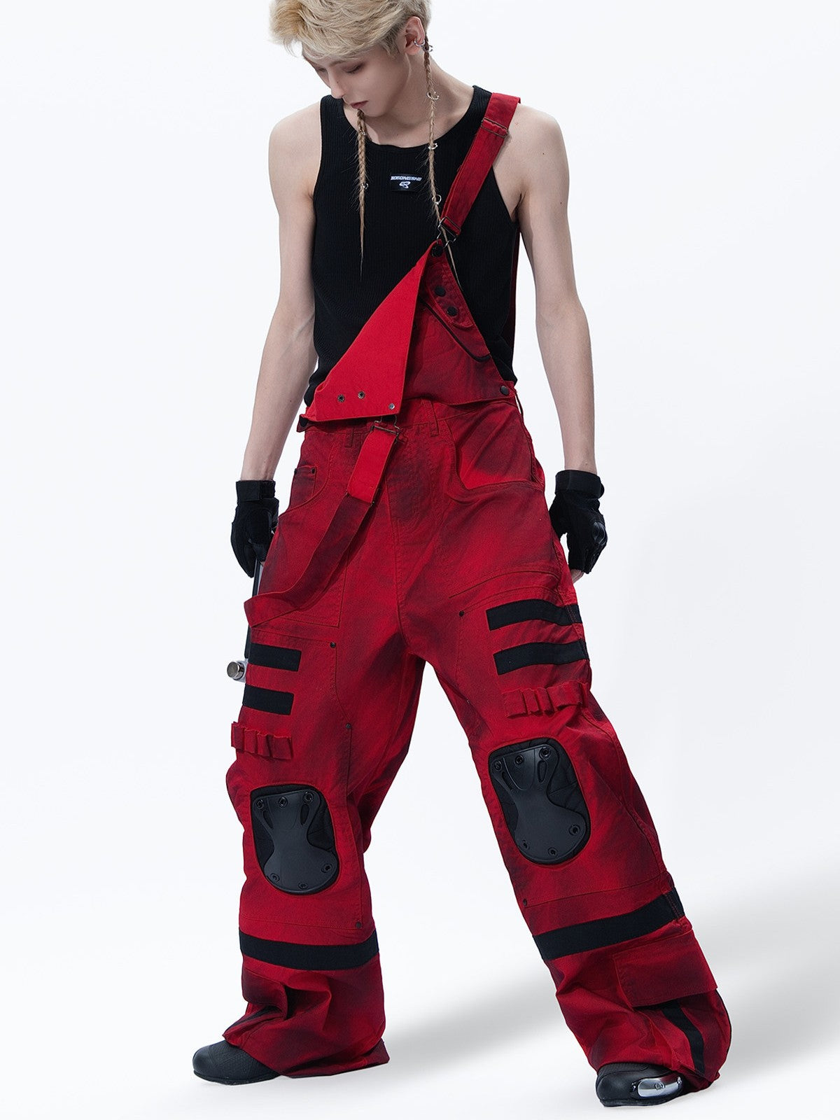 CYBERPUNK STYLE MULTI POCKET CARGO PANTS WITH KNEE GUARD DECOR