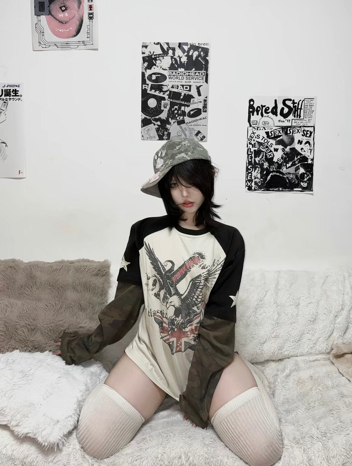 EAGLE & FLAG PATCHWORK CAMO DISTRESSED WASHED LONG-SLEEVE TOP