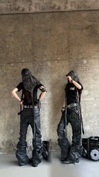 WAXED PATCHWORK STACKED STRAP DOUBLE‑WAIST CURVED SKINNY PANTS